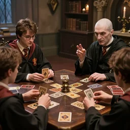 a beautiful artwork of Harry Potter playing cards at a table with Lord Voldemort, artstation trending