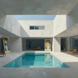 painting of interior shot of a white concerete brutalist house architecture with big pools by darek zabrocki, alphonse mucha and greg ruthkowski, cinematic and cold atmospheric, archillect concept art, artstation, trending on artstation