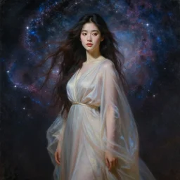 young korean woman, goddess of starlight, long flowing hair, modest flowing gown, smug expression, highly detailed painting by gaston bussiere, craig mullins, j. c. leyendecker 8 k, sparkling nebula