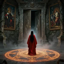 person in red robes, magic circle on floor, opening of an sealed ancient door with intricate design leading to a the unknown, stone walls, vines, painting, high detailed, fantasy, particles, fog, creepy, tintoretto, beksinski, masanori warugai, wlop