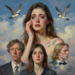 3 d, crying fashion model, sky, birds tattoo, poster art, high detail, intricate oil painting, multiple exposure, heaven mood, hyperrealism, 3 d, by rene magritte and stanley kubrick mood and tooth wu and wlop and beeple and greg rutkowski