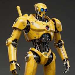 human-sized strong intricate yellow pit droid, pancake flattened head, exposed metal bones, painterly humanoid mecha, full body, sharp focus, by Greg Rutkowski