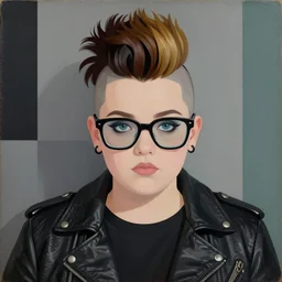 a chubby young goth girl an asymmetrical ombre mohawk wearing oversized euro glasses and a leather jacket. anaglyph lighting, detailed character design, melancholic flat vector bauhaus geometric minimalism by oskar schlemmer, moebius, nagel, john berkey, oil on canvas, portrait facial head, featured on artstation, hd wallpaper, anime art nouveau