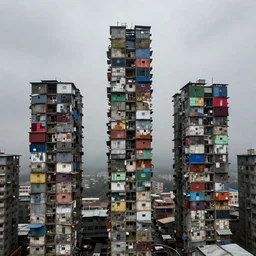 high towers, made up of colourful makeshift squatter shacks, bleached, misty, moody sky at the back, dystopia, mamiya, f 1 1, fully frontal view, very detailed, ultra sharp, photographed by trent parke