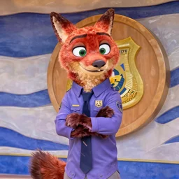 Nick Wilde (from Zootopia) wearing a purple uniform