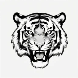 logo simple sketch monochrome ink of a fearless african tiger head with angry ears, very aggressive mouth, lethal eyes