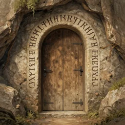 a fantasy illustration of a cave door with elvish writing around the door