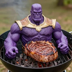 dslr photo portrait still of steak on a bbq pit in the shape of thanos 8 5 mm f 1. 8