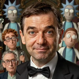 mr. bean mad scientist psychopath, caricature, portrait by gaston bussierre and charles vess and james jean and erik jones and rhads, inspired by rick and morty, epic, funny, huge scale, beautiful fine face features, intricate high details, sharp, ultradetailed