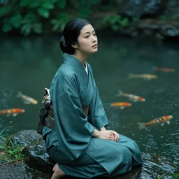 beautiful japanese woman sitting beside a koi pond in the rain, greg rutkowski, drab blue greens, dark greens