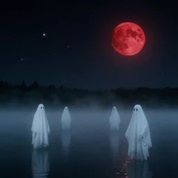 ghosts on the middle of lake, fog, red moon, night sky, white and black stars, by stanley kubrick
