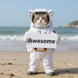 photo of an astronaut cat standing on the beach holding a sign that says awesome, ultrarealistic, high resolution