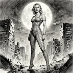 realistic, elegant, intricate detail, looking towards camera, stoic pose, scarlett johansson, full body profile, dynamic wide angle lens, manga style, by rey bustos pencil and ink, full moon lighting, fully clothed, in a post apocalyptic city, dramatic lighting, super accurate human anatomy!!!