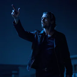 cinematic still of russell brand channelling the cosmos at night, ambient blue light, artwork by greg rutkowski, 4 k, masterpiece