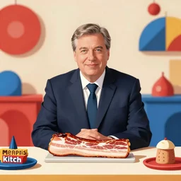 portrait of viktor orban proudly sitting behind a table full of bacon, memphis group, 1 9 8 0 s, kitch, colourful, shapes