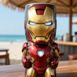 a closeup photorealistic photograph of a trader vic's tiki mug in the style of iron man at the beach bar. bright scene. fine detail. this 4 k hd image is trending on artstation, featured on behance, well - rendered, extra crisp, features intricate detail, epic composition and the style of unreal engine.