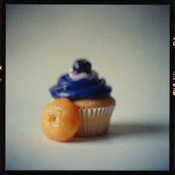 kodak portra 4 0 0, wetplate, muted colours, 1 9 2 0 s, motion blur, still life photo of a backdrop, coloured in blueberry cupcake and orange, in the style of britt marling,