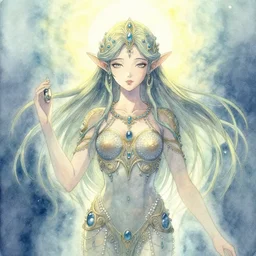 spirit guide from atlantis. watercolor by award - winning mangaka, backlighting, intricate details, muted pastel palette, depth of field.