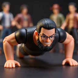 plastic action figure of a buff smiling man with long stubble beard, muscular neck, rectangular shaped glasses and a black bowl cut, wearing a black tshirt, doing push ups, dramatic light, blur, out - of - focus background, by kim jung gi, ric estrada, ron english and eiichiro oda