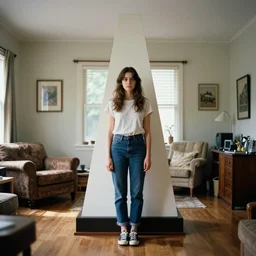 photograph of young woman standing in front of radiating monolith in suburban living room, crisp focus, highly detailed, in roger deakins style, 3 5 mm ektachrome