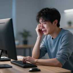 Artist crying at looking at discord on a computer, octane render