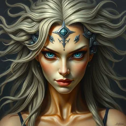 perfectly centered portrait front view of a beautiful biomechanical female witch, flowing hair, intense stare, sweet smile, symmetrical, concept art, intricate detail, volumetric shadows and lighting, realistic oil painting by tim hildebrandt,