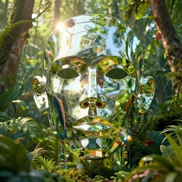 human face made of mirror, in a jungle, reflections, reflections, face mirror, colorful items reflections, 3 d rendering, hdr, hdr, octane rendering, afrer effects, maya rendering, path tracing, occlusion, global illumination, sun flares, vsx, vsx, cgi, smooth shadows, insanely detailed, 8 k, high resolution, kinematics.