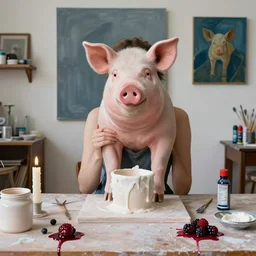“ a portrait in a female art student ’ s apartment, sensual, a pig theme, pork, pottery supplies, sculpture work in progress, a candle dripping white wax, pottery glaze, squashed berries, berry juice drips, acrylic and spray paint and oilstick on canvas, surrealism, neoexpressionism ”