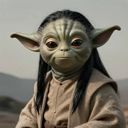 still of handsome young yoda in empire strikes back. long black hair. smooth skin