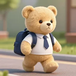 a teddy bear with a backpack walking to school, photorealistic, close-up, 8K, 3D