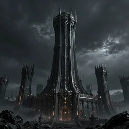 Black and evil tower Barad-dûr, fortress of Sauron in Mordor, ultra detailed, octane render, super realistic, unreal engine 5, atmospheric lighting