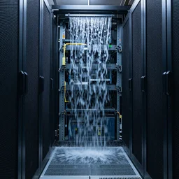 waterfall in the data center, photo, high quality,