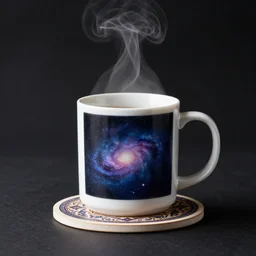 coffee mug, modern, minimal, steam coming out, galaxy inside the mug, on a coaster with persian miniature style, professional photography, studio lighting