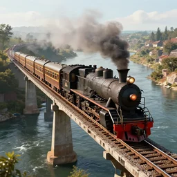 a 3 d render of a realistic looking train on a bridge crossing a large river valley steam train, highly detailed, hyperealistic, cinematic lighting, rule of thirds, wide perspective, 8 k textures, insane detail, octane render, 3 d, train,, choo choo by craig mullins