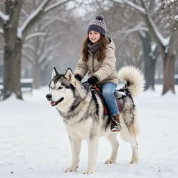 girl riding a giant husky in the park, snow, trending on artstation