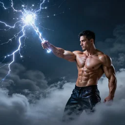 muscular magician with a huge sparkeling magic wand spreading lightnig strokes from his hand, in clouds, by boris valejo, extreme detail, reflections, trending on artstation, 8 k