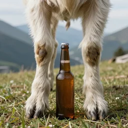 a goat at the hairy feet of a half full beer bottle with the mountains in the background