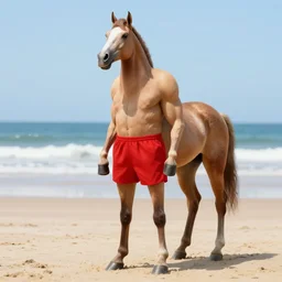 a male horse humanoid standing on the beach,wearing red shorts,anthropomorphic,Character design by artgerm, and makoto shinkai, detailed, inked, western comic book art, 2021 award winning painting,digital art,ultra realistic,ultra detailed,art by greg rutkowski,muscular,detailed face,hyperdetailed,hyperrealistic,detailed face,photorealistic,realistic,4k,SFW