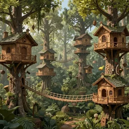 treetop elf village made up of treehouses and connected by rope bridges. Elaborate fancy wood-carved decorations. Ground level view looking at the canopy. Mystical fantasy atmosphere. Lothlórien. Detailed matte painting trending in artstation