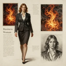 Character concept sheet of a Business Woman. By (Rembrandt painting(100)(fractal flame)), highly detailded