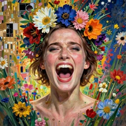 a head and shoulders portrait of a screaming alicia vikander! on acid with a flower crown, surrounded by an explosion of wild flowers, by gustav klimt!, by wes anderson, by edward hopper, by wayne barlowe, by james gilleard, by james jean