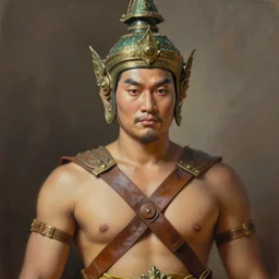 smart tai warlord, closeup portrait, dressed as ramkhamheang of sukhothai, without beard and mustache, historical hero, ethnic group, tai costume, thai transitional bronze headdress, intricate, with leather armor cross on bare chest, elegant, loin cloth, highly detailed, oil painting, artstation, concept art, matte, sharp focus, illustration, hearthstone, art by earl norem