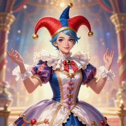award winning digital portrait of a feminine attractive male jester at a magnificent circus, male art by sakimichan of hisoka, beautiful circus themed background with soft colors and lights, trending artstation, digital art, aesthetic, bloom, intricate, elegant, sharp focus, digital illustration, highly detailed, octane render, digital painting, concept art, fantasy, masterpiece, by lisa buijteweg and sakimichan