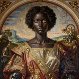 beautifully painted mural of a stunning young cyborg muse in ornate royal fabric, black skin, piercing glowing eyes, sci fi scenery, mural in the style of sandro botticelli, caravaggio, albrecth durer