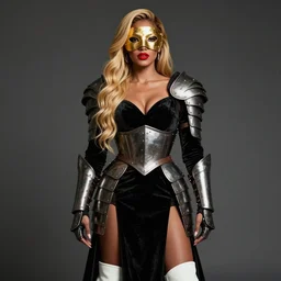 portrait of a woman warrior, mulatto, crossbreeding, mestizo very beautiful face, nice features, red lips, long golden hair, black closed velvet dress, leather armor, iron armor, white boots, alexander mcqueen clothing, gold mask on face, very beautiful style, photorealism, boogero, edgard mcsons