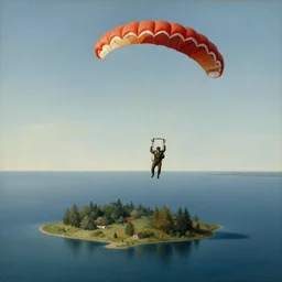 man parachuting on a small island in the middle of a big lake painting by rene magritte, high detail, high resolution