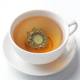 mandelbrot fractal in a cup of tea, cosmic background,