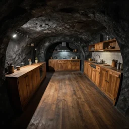olumetric shadows, volumetric lighting, black goya painting of underground, basement, fisheye, curved perspective, naive, extra narrow, wooden kitchen, large floor, tavern by rhads and gaudi