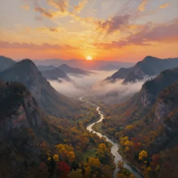 The most beautiful panoramic landscape, oil painting, where the mountains are towering over the valley below their peaks shrouded in mist, the sun is just peeking over the horizon producing an awesome flare and the sky is ablaze with warm colors, lots of birds and stratus clouds. The river is winding its way through the valley and the trees are starting to turn yellow and red, by Greg Rutkowski, aerial view, naturalism