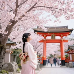 a beautiful picture of sakura blooming, shrine, girl in hanfu, by greg rutkowski and thomas kinkade, trending on artstation
